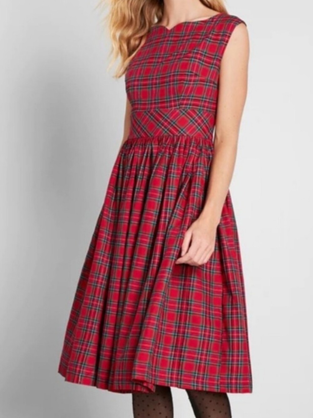 Modcloth Red Plaid Swing Dress Rockabilly Pin Up Retro Netted Skirt Holiday 16 - Picture 2 of 14
